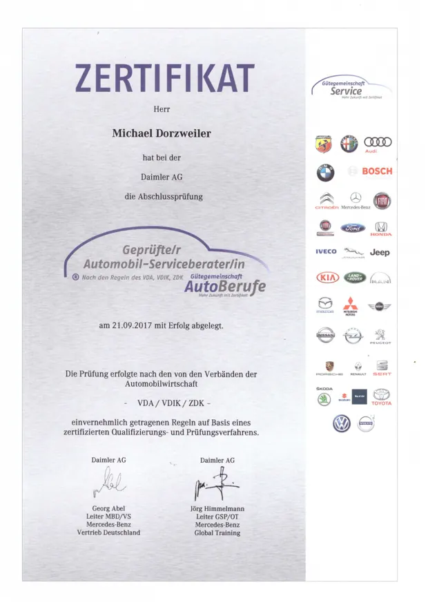 Zertifikat der Daimler AG: Michael Dorzweiler hat die Abschlussprüfung zum Automobil-Serviceberater bestanden, 21.09.2017