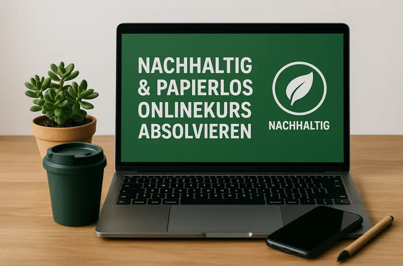 Laptop mit dem Text „Nachhaltig & papierlos Onlinekurs absolvieren“, daneben Pflanze, Becher und Smartphone
