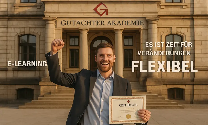 Absolvent jubelt mit Zertifikat vor dem Schriftzug „Gutachter Akademie“, daneben die Wörter E-Learning und Flexibel
