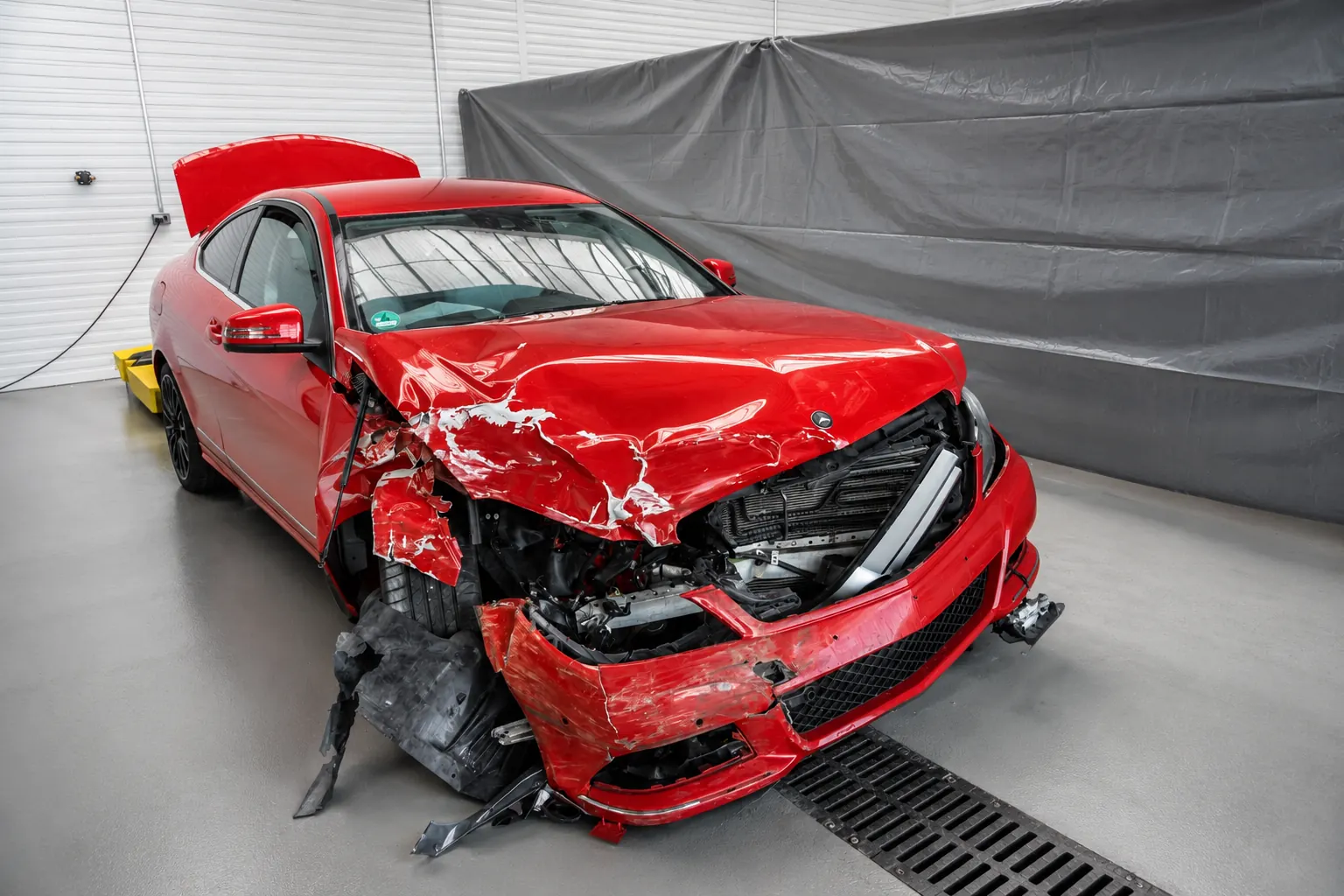 Roter Mercedes mit zerstörter Front und eingedrückter Motorhaube in einer Werkstatthalle