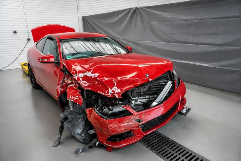 Roter Mercedes mit zerstörter Front und eingedrückter Motorhaube in einer Werkstatthalle